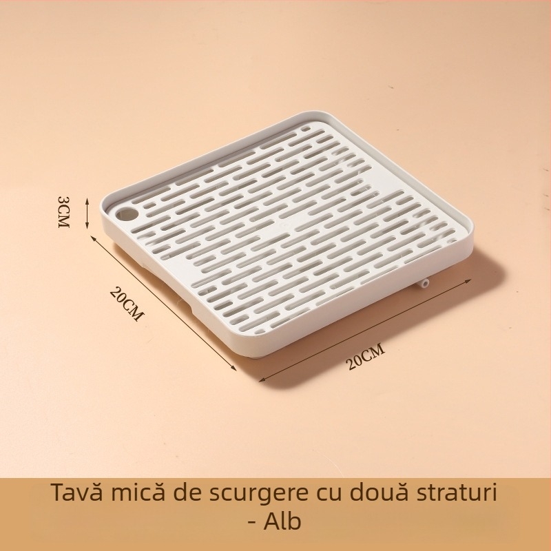 Tavă dublă de drenaj din plastic pentru bucătărie, suport pentru cești și tacâmuri, organizator pentru fructe și legume