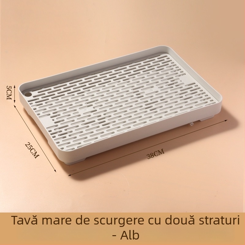 Tavă dublă de drenaj din plastic pentru bucătărie, suport pentru cești și tacâmuri, organizator pentru fructe și legume