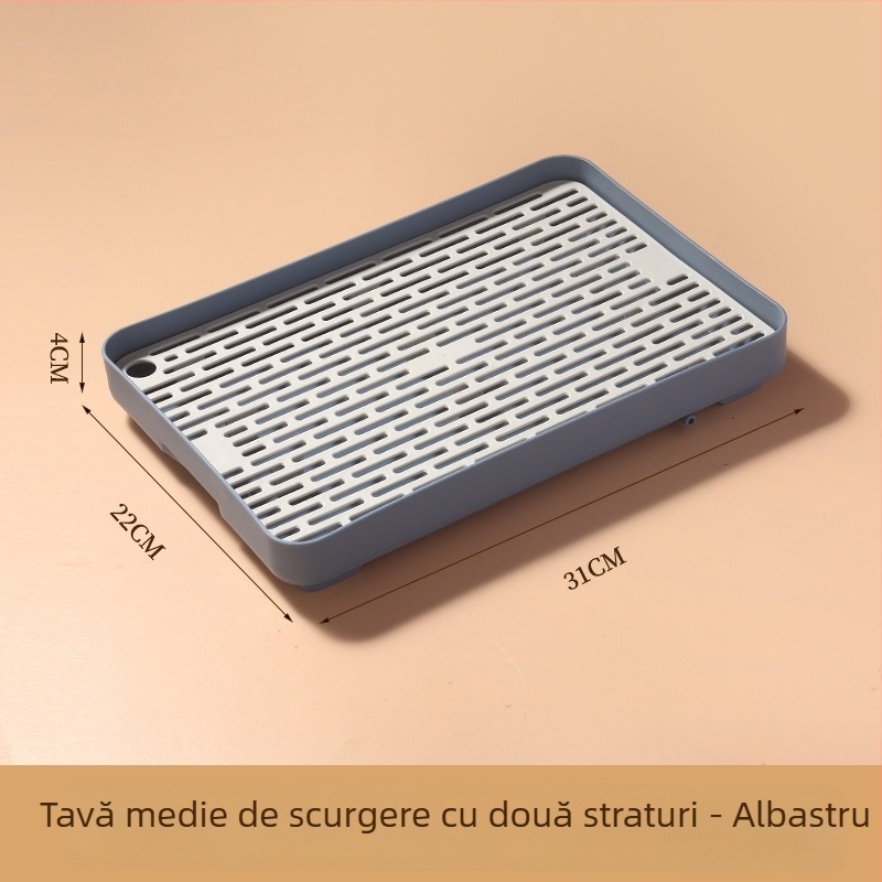 Tavă dublă de drenaj din plastic pentru bucătărie, suport pentru cești și tacâmuri, organizator pentru fructe și legume