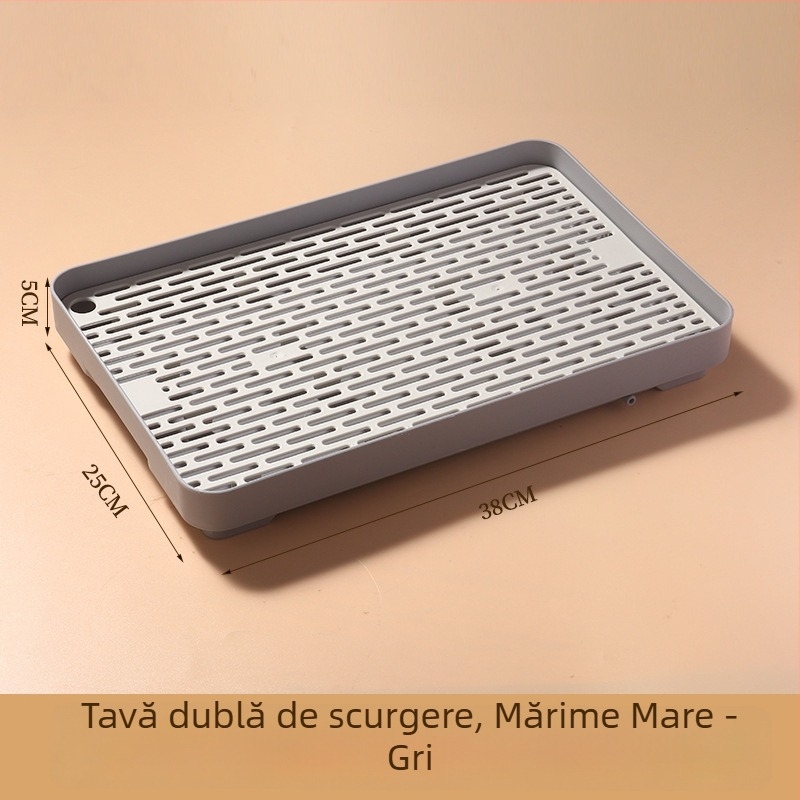 Tavă dublă de drenaj din plastic pentru bucătărie, suport pentru cești și tacâmuri, organizator pentru fructe și legume