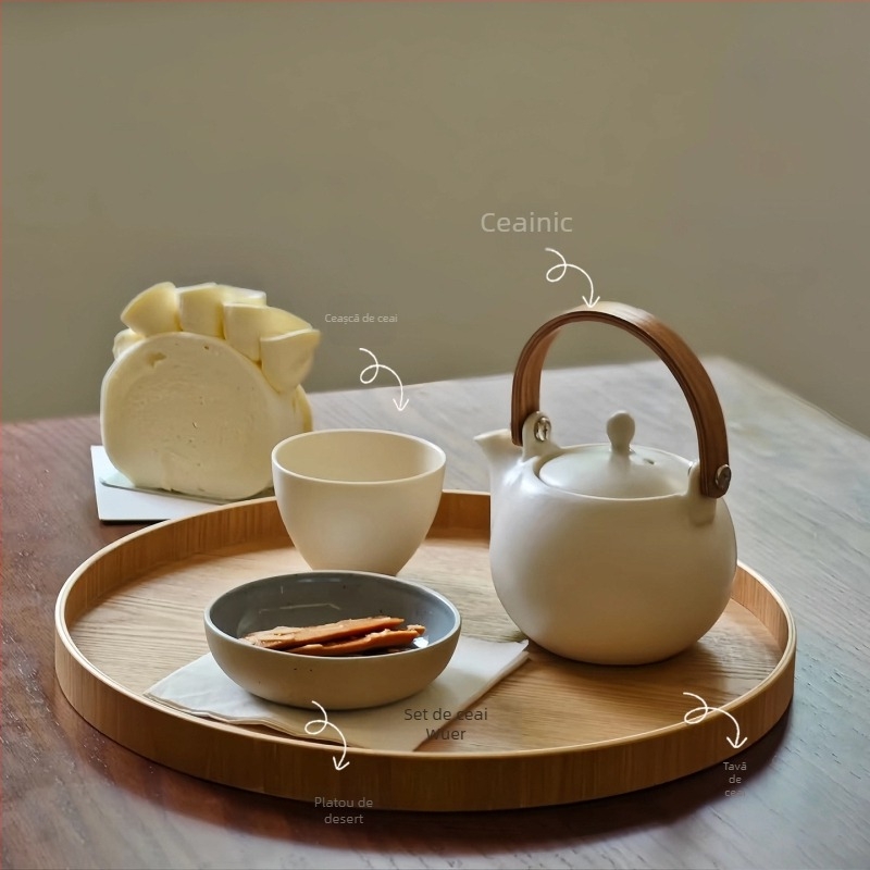 Set ceramic de ceainic în stil chinezesc modern pentru ceremonia ceaiului – porțelan alb, glazură mată, include ceainic, ceașcă și tavă pentru ceai