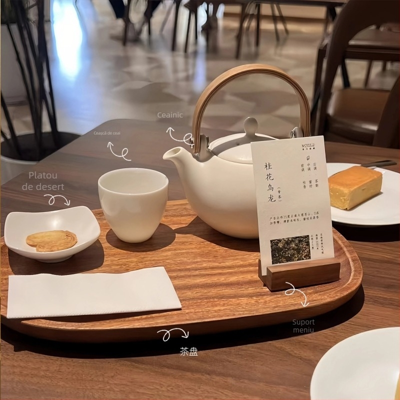 Set ceramic de ceainic în stil chinezesc modern pentru ceremonia ceaiului – porțelan alb, glazură mată, include ceainic, ceașcă și tavă pentru ceai