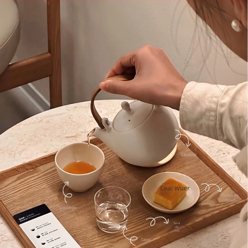 Set ceramic de ceainic în stil chinezesc modern pentru ceremonia ceaiului – porțelan alb, glazură mată, include ceainic, ceașcă și tavă pentru ceai