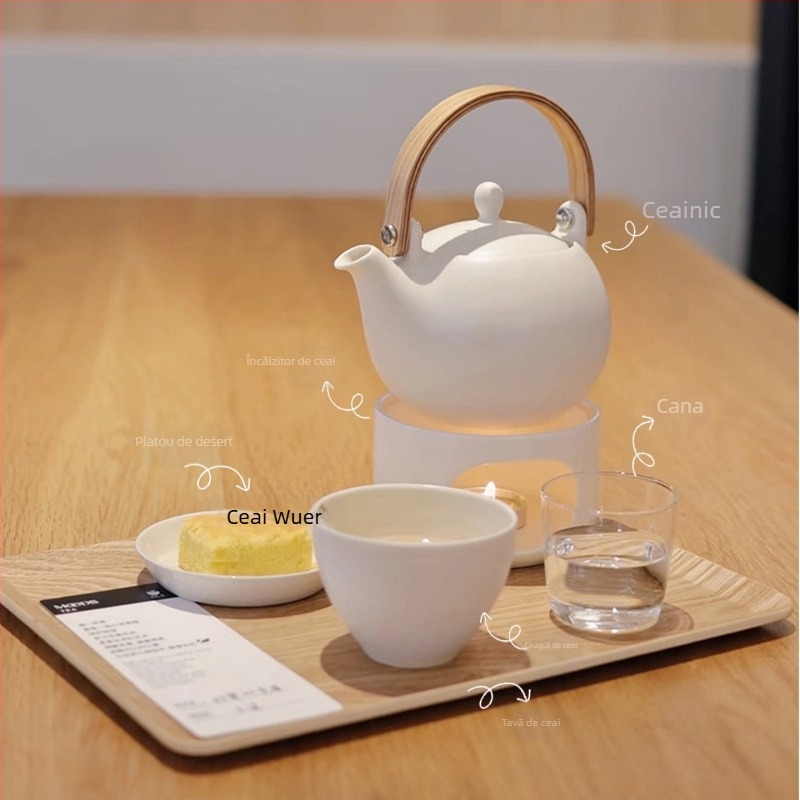Set ceramic de ceainic în stil chinezesc modern pentru ceremonia ceaiului – porțelan alb, glazură mată, include ceainic, ceașcă și tavă pentru ceai