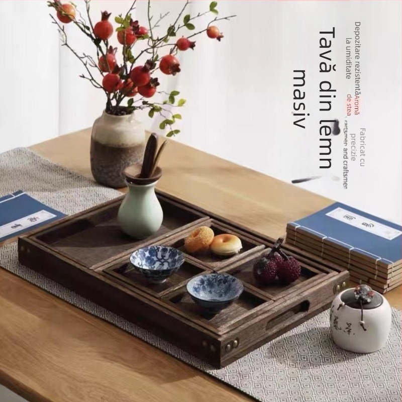 Tavă din lemn în stil japonez, lemn ars, dreptunghiulară, pentru uz casnic, ceai și fructe, design vintage