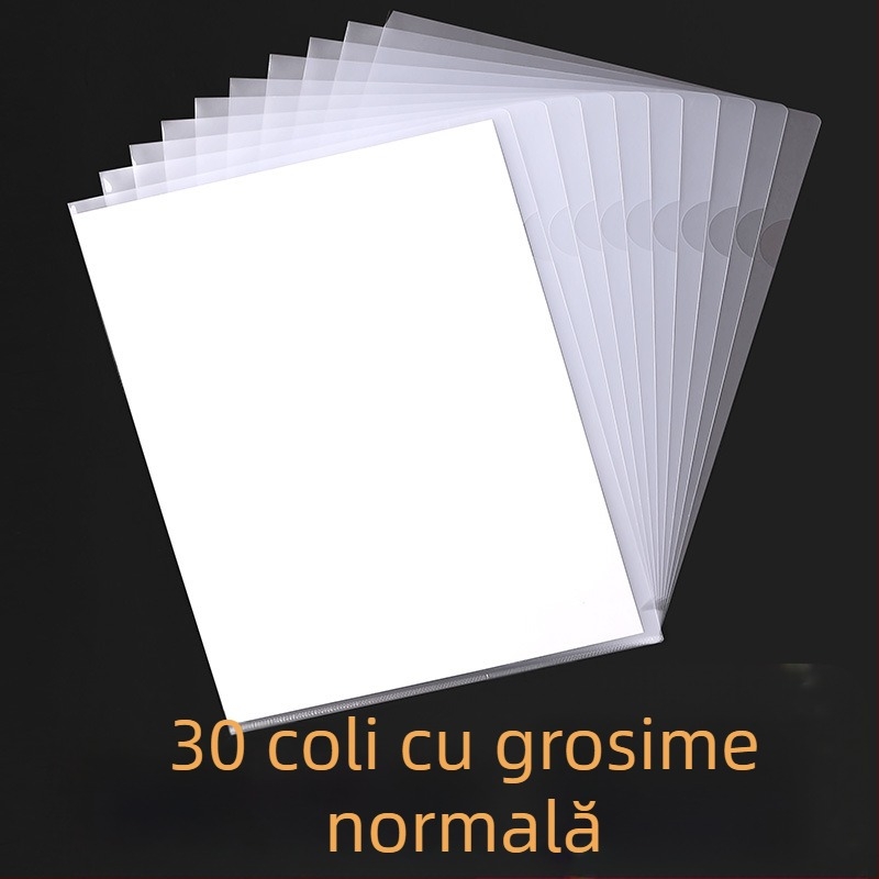Mapă A4 transparentă în formă de L, cu capac pentru două pagini, îngroșată, buzunar pentru documente de o singură pagină, organizator de documente