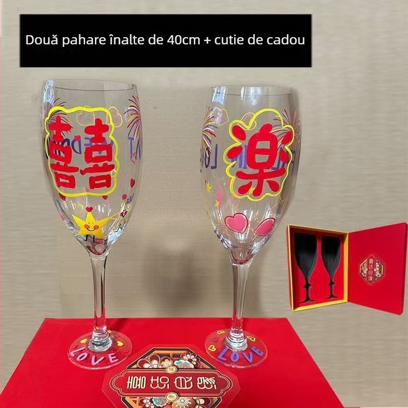 Pahare uriașe pentru toast de nuntă – set de două pahare înalte pentru logodnă, ceai cu perle și vin roșu