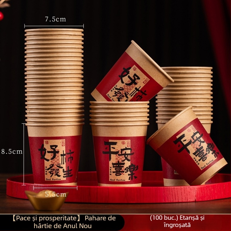 Pahar din hârtie de unică folosință, 250 ml, roșu, pentru uz casnic – Anul Nou