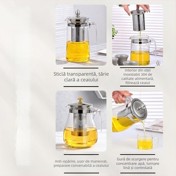 Ceainic din sticlă rezistent la căldură pentru ceai cu flori, separare ceai-apă, stil Kung Fu, filtru din oțel inoxidabil 304, model nou