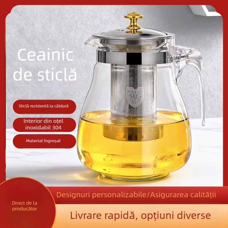 Ceainic din sticlă rezistent la căldură pentru ceai cu flori, separare ceai-apă, stil Kung Fu, filtru din oțel inoxidabil 304, model nou