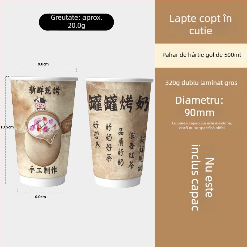 Pahar de hârtie cu pereți dubli, de unică folosință, pentru băuturi calde, potrivit pentru ceai cu lapte și cafea, interior izolat, 500–700 ml