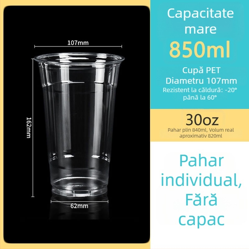 Pahar de unică folosință din PET transparent, diametru 107 mm, capacitate 1000 ml, potrivit pentru ceai cu lapte și ceai de fructe.