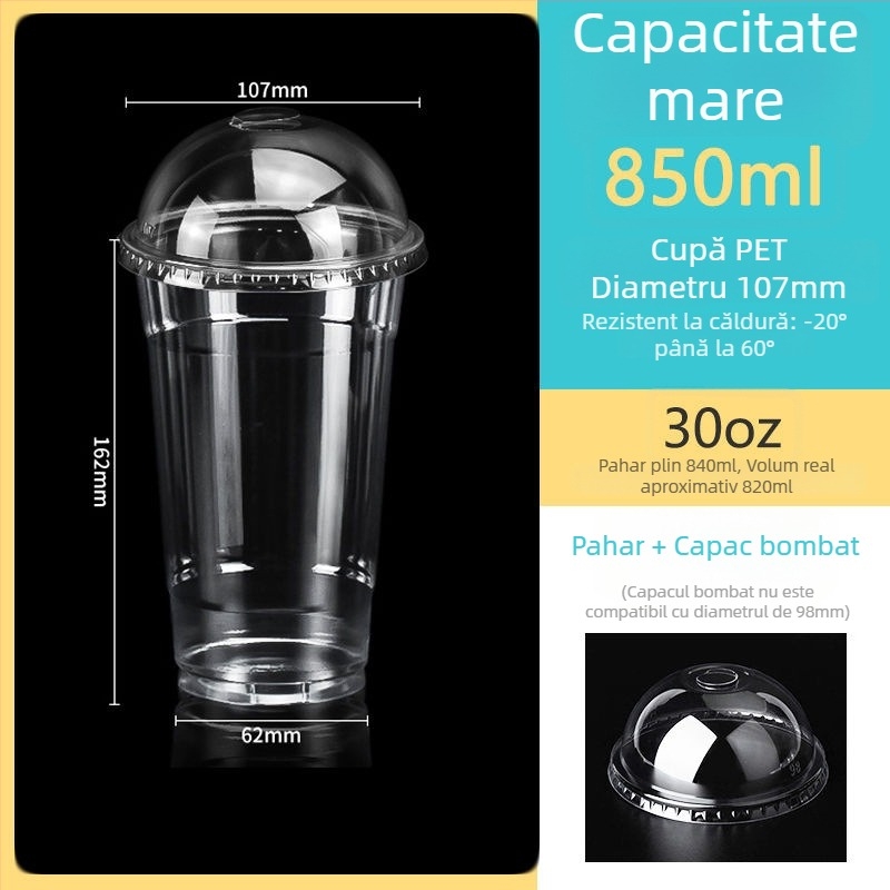 Pahar de unică folosință din PET transparent, diametru 107 mm, capacitate 1000 ml, potrivit pentru ceai cu lapte și ceai de fructe.