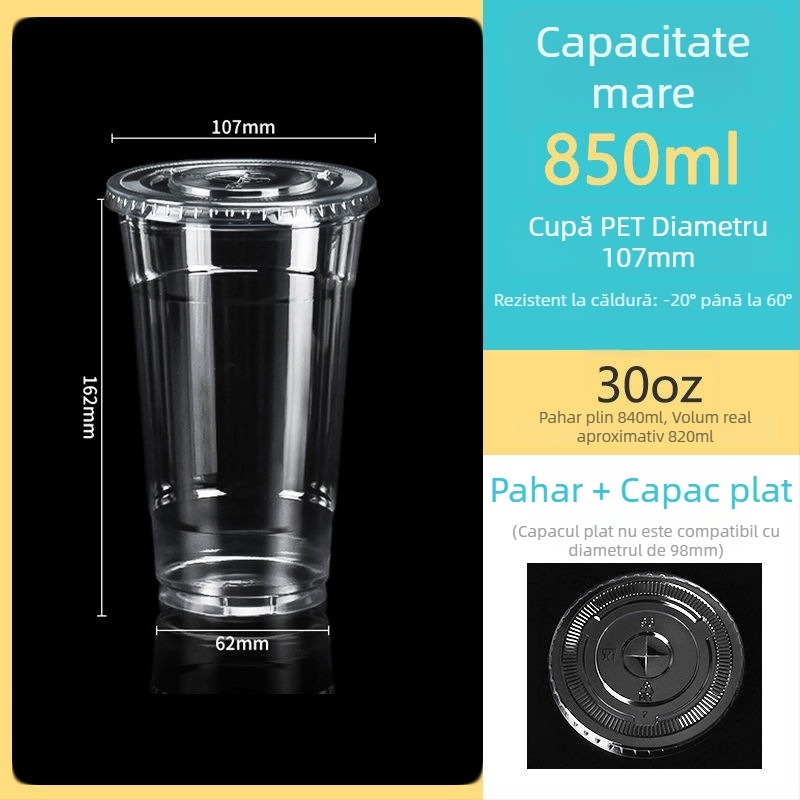 Pahar de unică folosință din PET transparent, diametru 107 mm, capacitate 1000 ml, potrivit pentru ceai cu lapte și ceai de fructe.