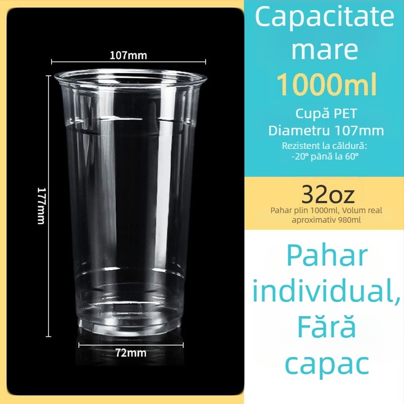 Pahar de unică folosință din PET transparent, diametru 107 mm, capacitate 1000 ml, potrivit pentru ceai cu lapte și ceai de fructe.