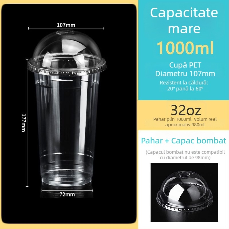 Pahar de unică folosință din PET transparent, diametru 107 mm, capacitate 1000 ml, potrivit pentru ceai cu lapte și ceai de fructe.