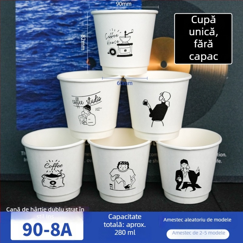 Ceșcuță de cafea din hârtie, cu pereți îngroșați pentru izolație, anti scurgere, ambalaj pentru take-away, imprimare logo personalizat