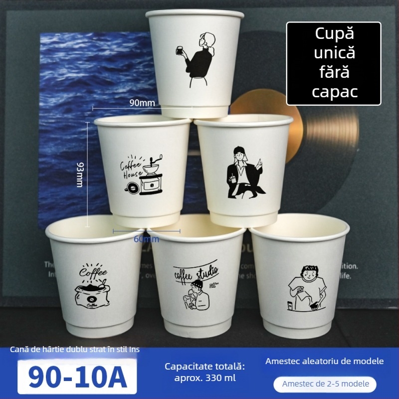 Ceșcuță de cafea din hârtie, cu pereți îngroșați pentru izolație, anti scurgere, ambalaj pentru take-away, imprimare logo personalizat