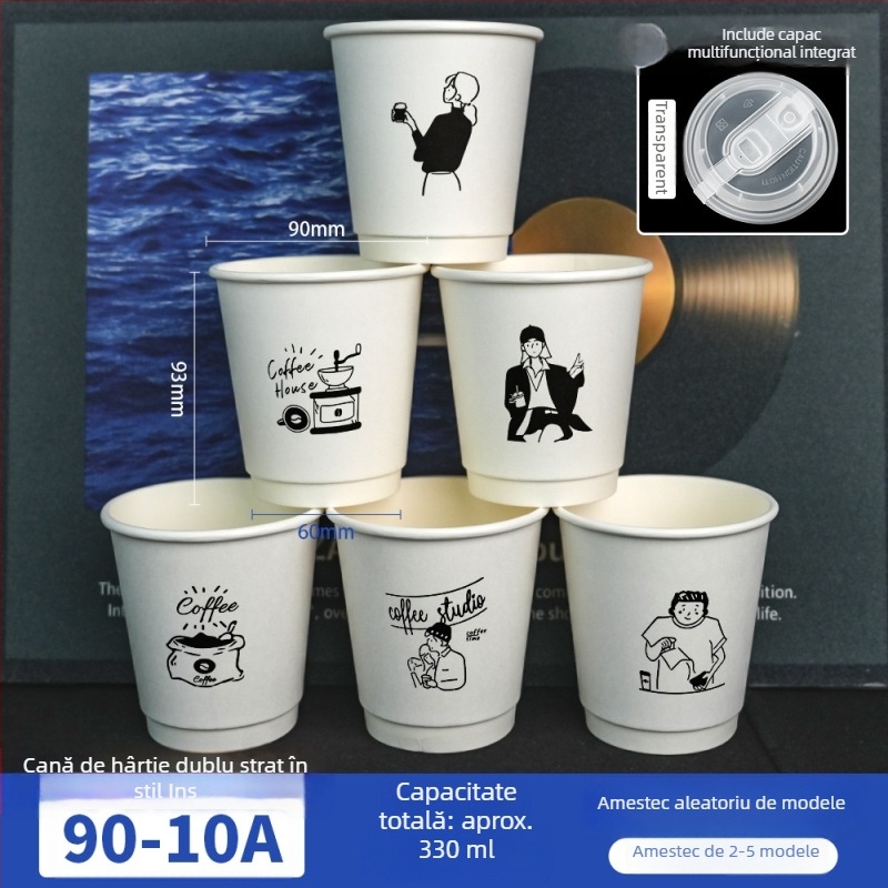 Ceșcuță de cafea din hârtie, cu pereți îngroșați pentru izolație, anti scurgere, ambalaj pentru take-away, imprimare logo personalizat