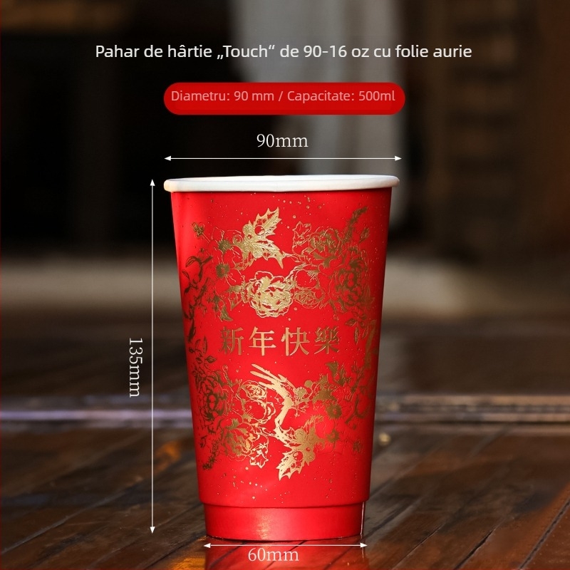 Ceșă de hârtie roșie, unică, pentru băuturi calde și reci, cu capac, corp îngroșat, 360–500 ml, imprimare logo, utilizare comercială, de Anul Nou