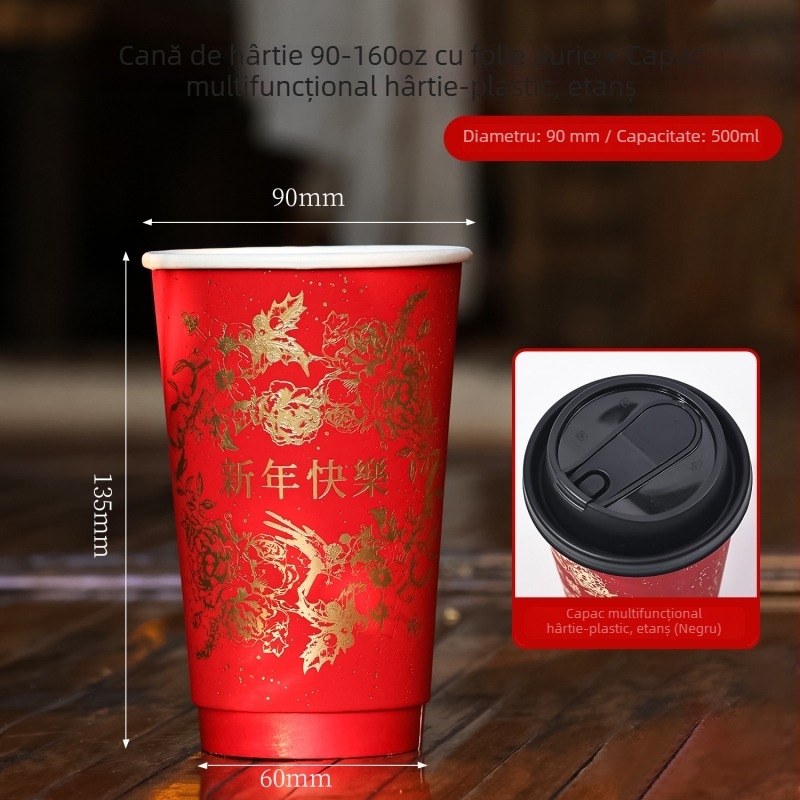 Ceșă de hârtie roșie, unică, pentru băuturi calde și reci, cu capac, corp îngroșat, 360–500 ml, imprimare logo, utilizare comercială, de Anul Nou