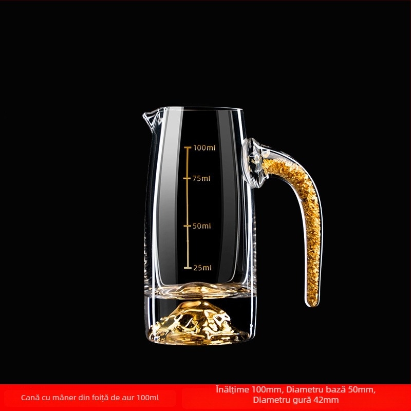 Pahar de cristal pentru băuturi spirtoase cu foiță de aur, stil chinezesc, cu mâner, dozator de porții, capacitate 1–100 ml