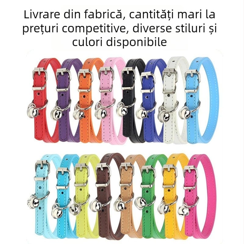 Guler din PU pentru câine cu clopoțel mic, multe culori și dimensiuni, design minimalist, guler plat pentru pisici și câini