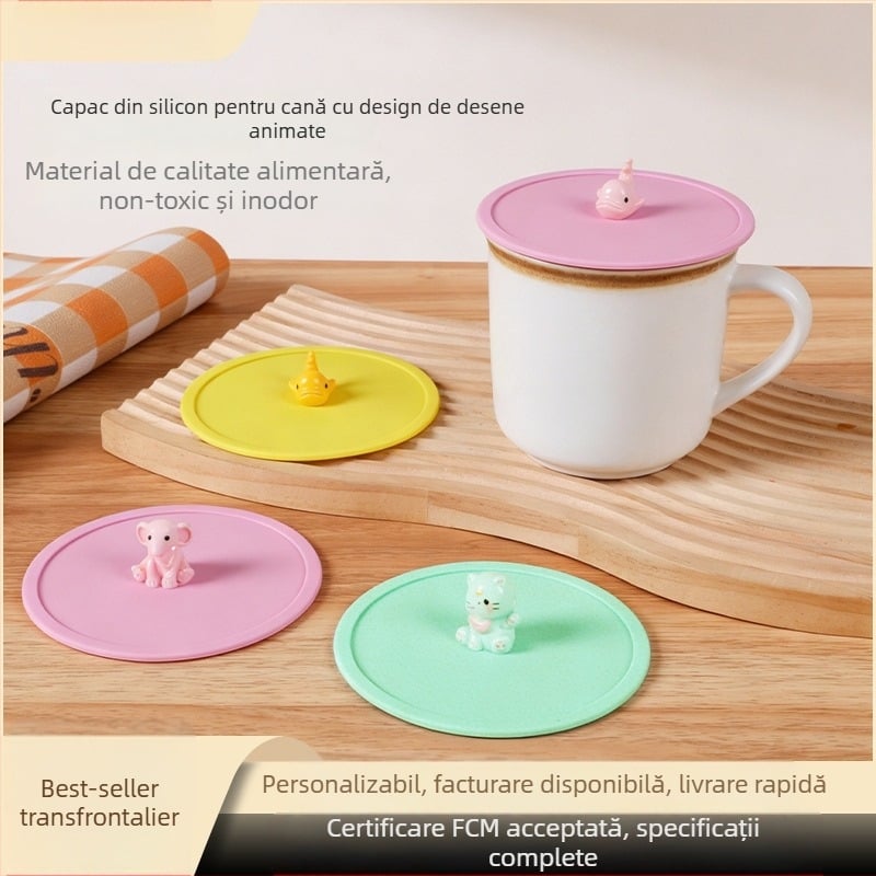 Capac de cană din silicon, silicon alimentar, design cu desene animate, protecție împotriva prafului și a scurgerilor, capac etanș multifuncțional pentru ceai și băuturi