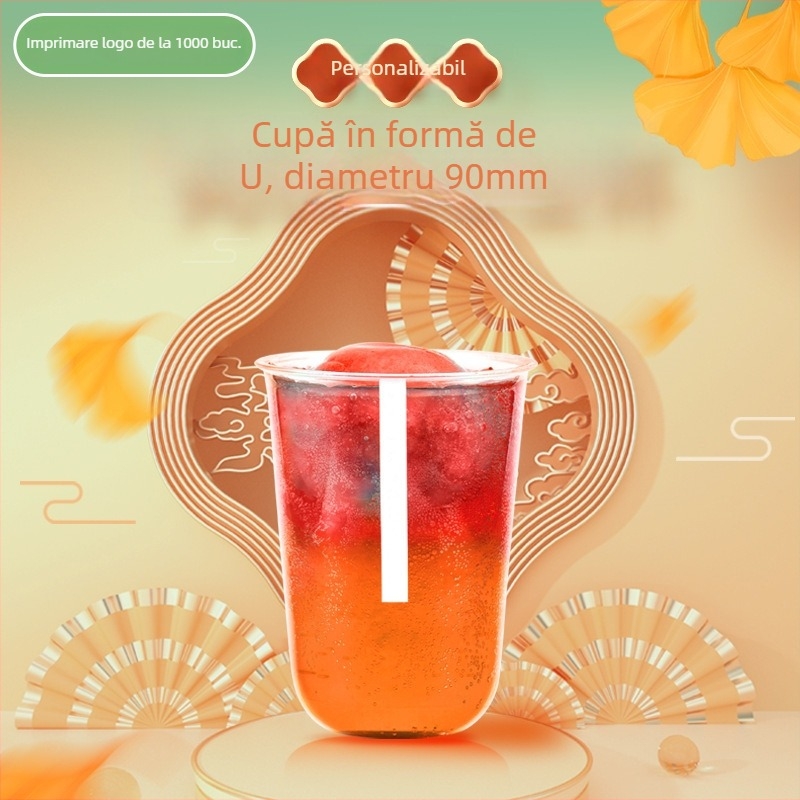 Pahar PET transparent, de unică folosință, în formă de U, diametrul 90 mm, capacitate 301–400 ml, pentru ceai cu lapte, cafea și băuturi reci, ambalare pentru take-out