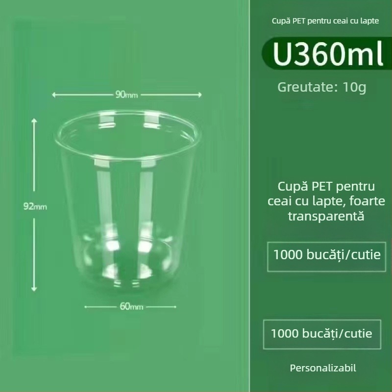 Pahar PET transparent, de unică folosință, în formă de U, diametrul 90 mm, capacitate 301–400 ml, pentru ceai cu lapte, cafea și băuturi reci, ambalare pentru take-out