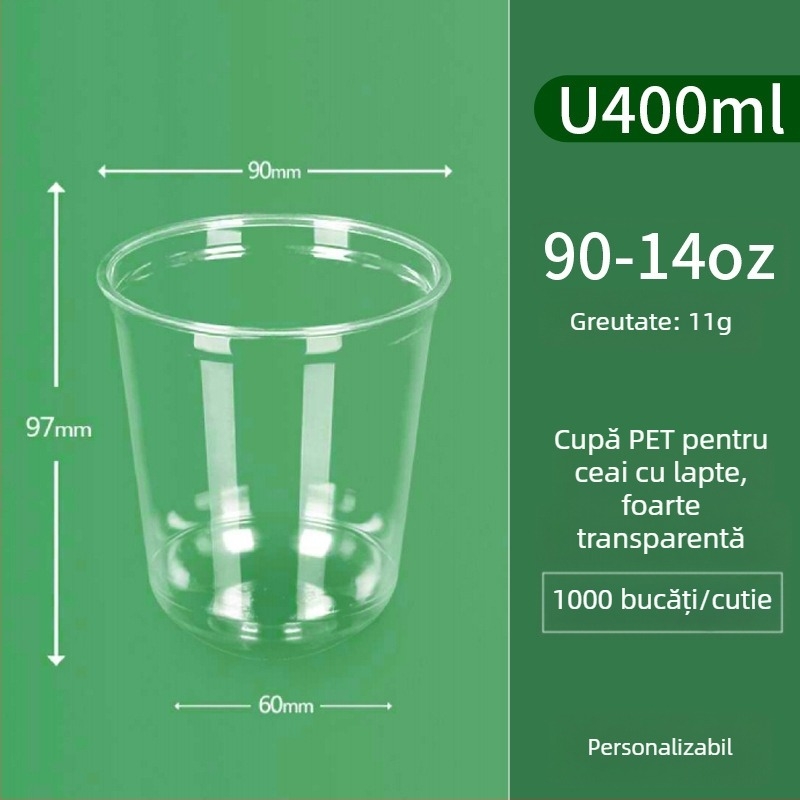 Pahar PET transparent, de unică folosință, în formă de U, diametrul 90 mm, capacitate 301–400 ml, pentru ceai cu lapte, cafea și băuturi reci, ambalare pentru take-out