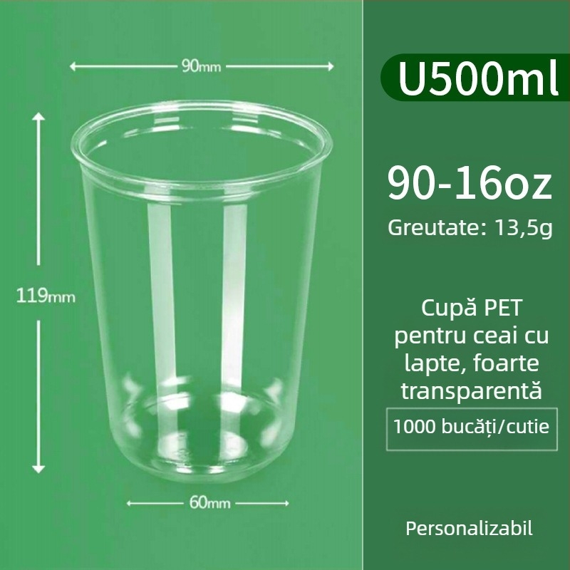 Pahar PET transparent, de unică folosință, în formă de U, diametrul 90 mm, capacitate 301–400 ml, pentru ceai cu lapte, cafea și băuturi reci, ambalare pentru take-out