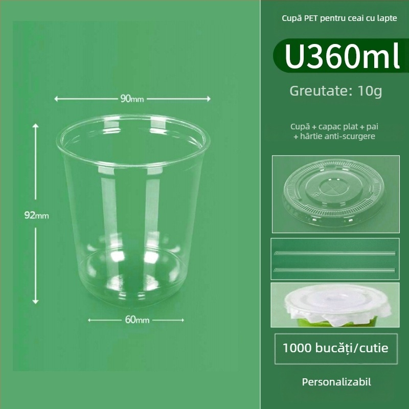 Pahar PET transparent, de unică folosință, în formă de U, diametrul 90 mm, capacitate 301–400 ml, pentru ceai cu lapte, cafea și băuturi reci, ambalare pentru take-out