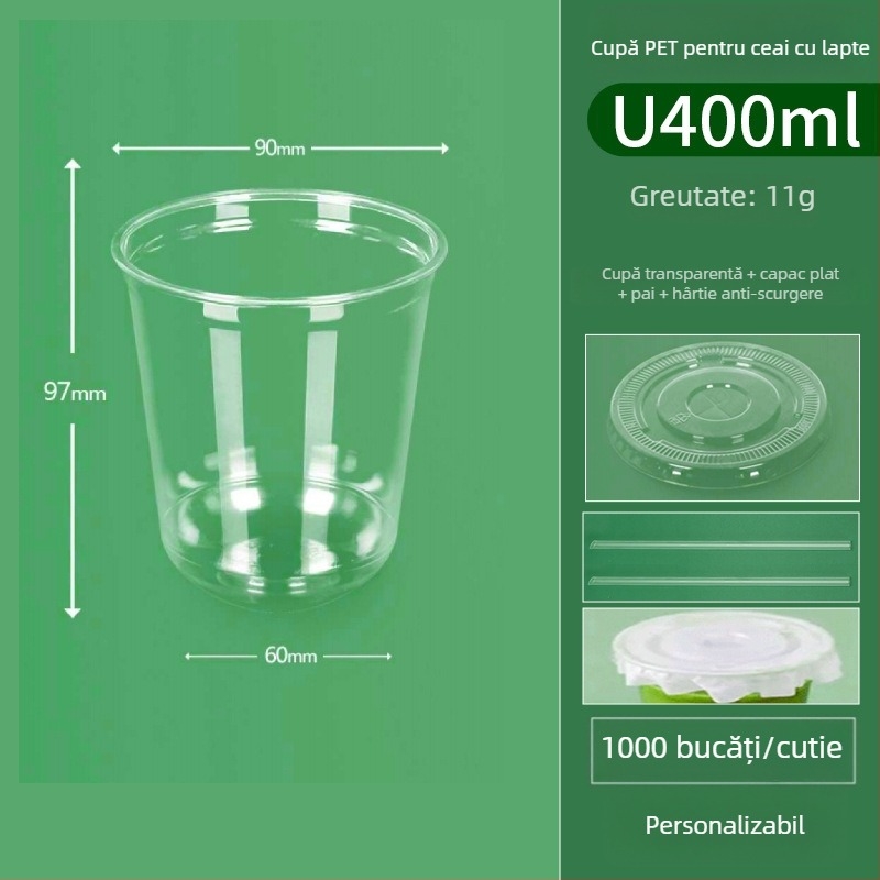 Pahar PET transparent, de unică folosință, în formă de U, diametrul 90 mm, capacitate 301–400 ml, pentru ceai cu lapte, cafea și băuturi reci, ambalare pentru take-out