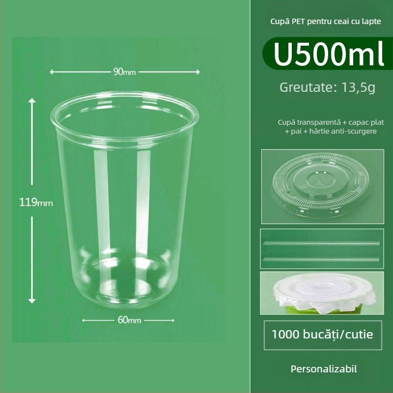Pahar PET transparent, de unică folosință, în formă de U, diametrul 90 mm, capacitate 301–400 ml, pentru ceai cu lapte, cafea și băuturi reci, ambalare pentru take-out