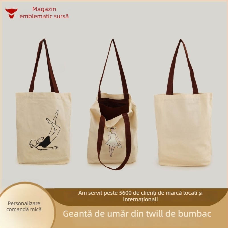 Geantă de pânză de înaltă calitate pentru pictură DIY, bej din twill de bumbac cu imprimare de logo