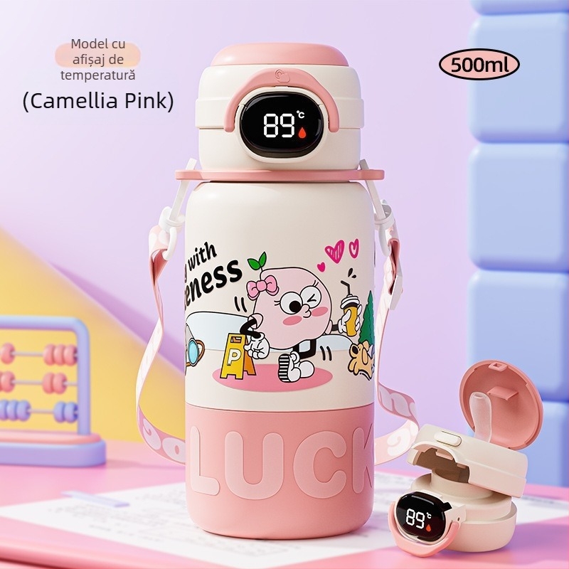 Cană izolată pentru copii din oțel inoxidabil 316, cu pai, termos portabil cu design desen animat, capac dublu de băut și afișaj de temperatură