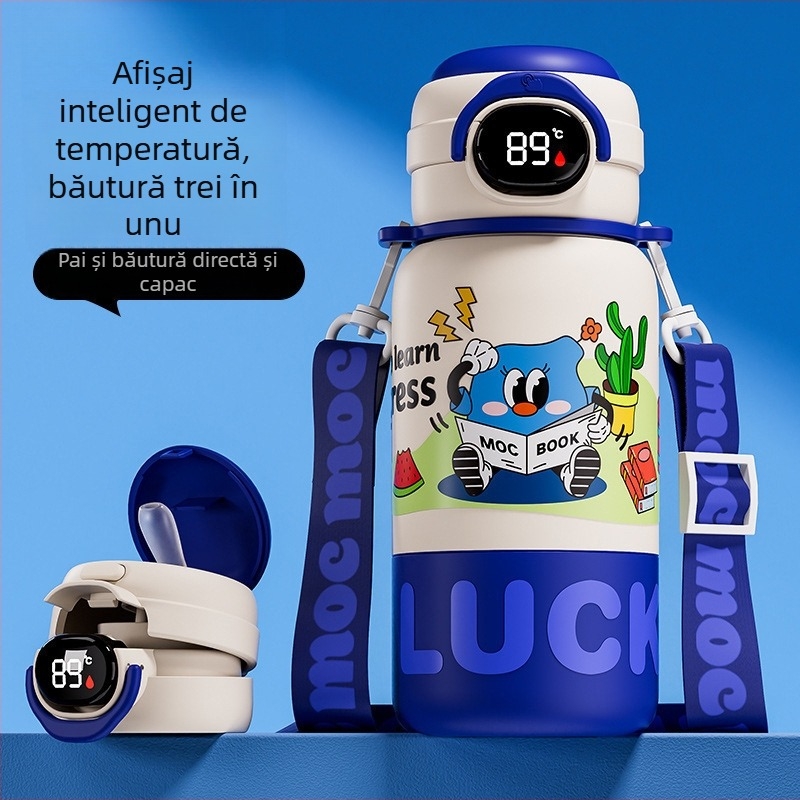 Cană izolată pentru copii din oțel inoxidabil 316, cu pai, termos portabil cu design desen animat, capac dublu de băut și afișaj de temperatură