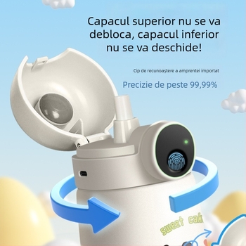 Cană de apă izolată, cu deblocare prin amprentă, inteligentă, cu pai, pentru elevi