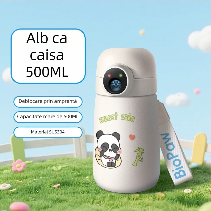 Cană de apă izolată, cu deblocare prin amprentă, inteligentă, cu pai, pentru elevi