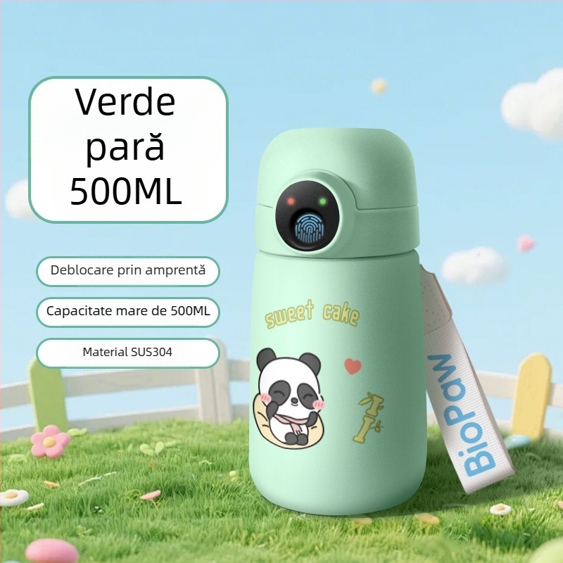 Cană de apă izolată, cu deblocare prin amprentă, inteligentă, cu pai, pentru elevi