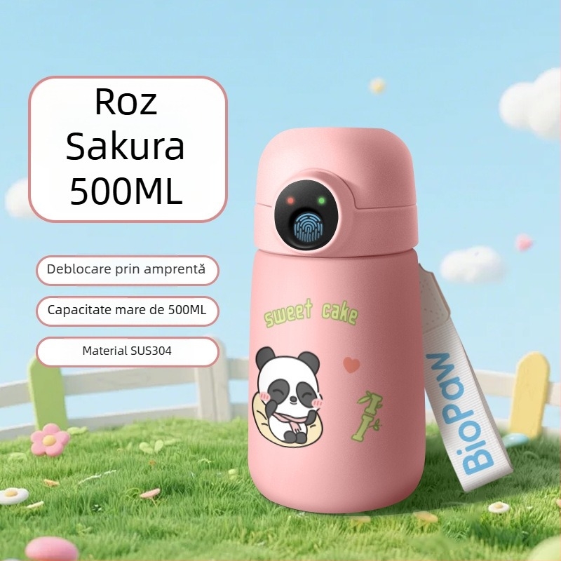 Cană de apă izolată, cu deblocare prin amprentă, inteligentă, cu pai, pentru elevi