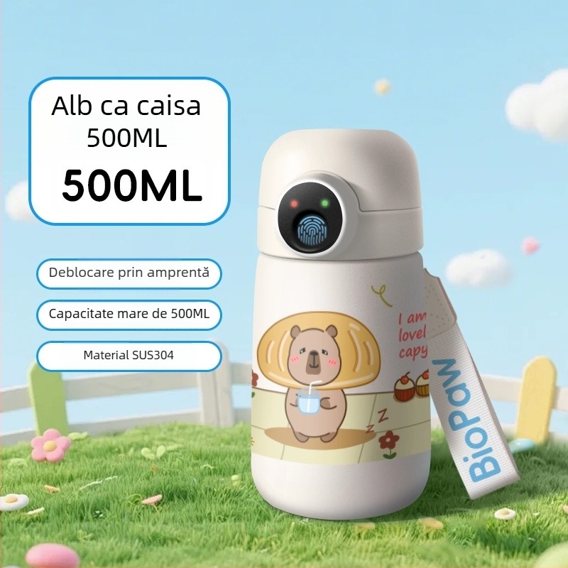 Cană de apă izolată, cu deblocare prin amprentă, inteligentă, cu pai, pentru elevi