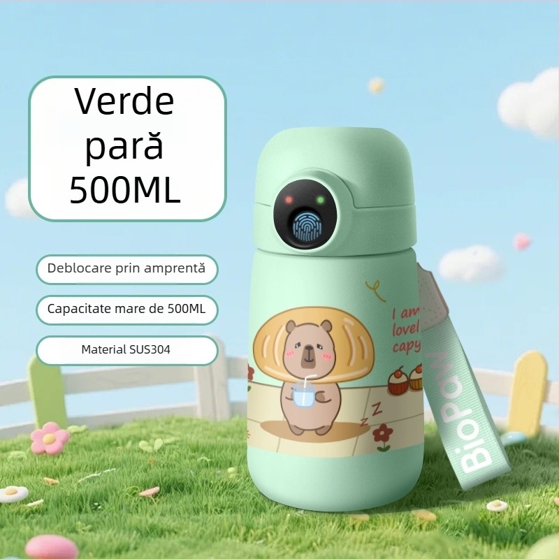 Cană de apă izolată, cu deblocare prin amprentă, inteligentă, cu pai, pentru elevi