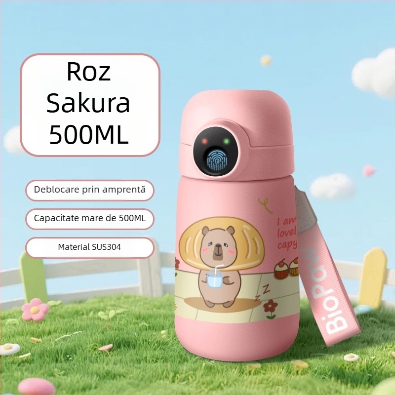 Cană de apă izolată, cu deblocare prin amprentă, inteligentă, cu pai, pentru elevi