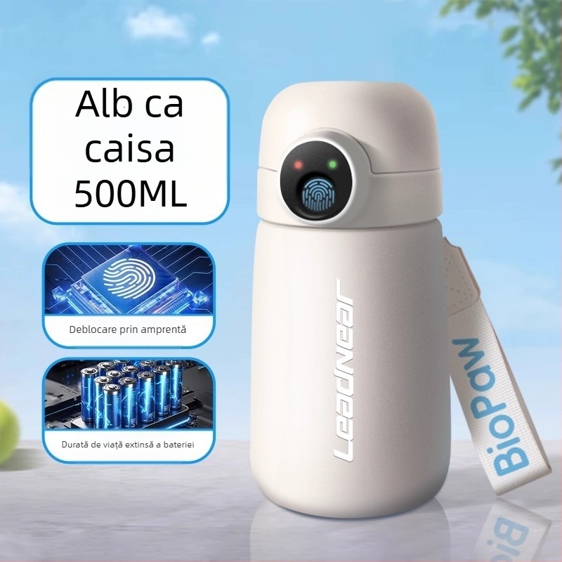 Cană de apă izolată, cu deblocare prin amprentă, inteligentă, cu pai, pentru elevi