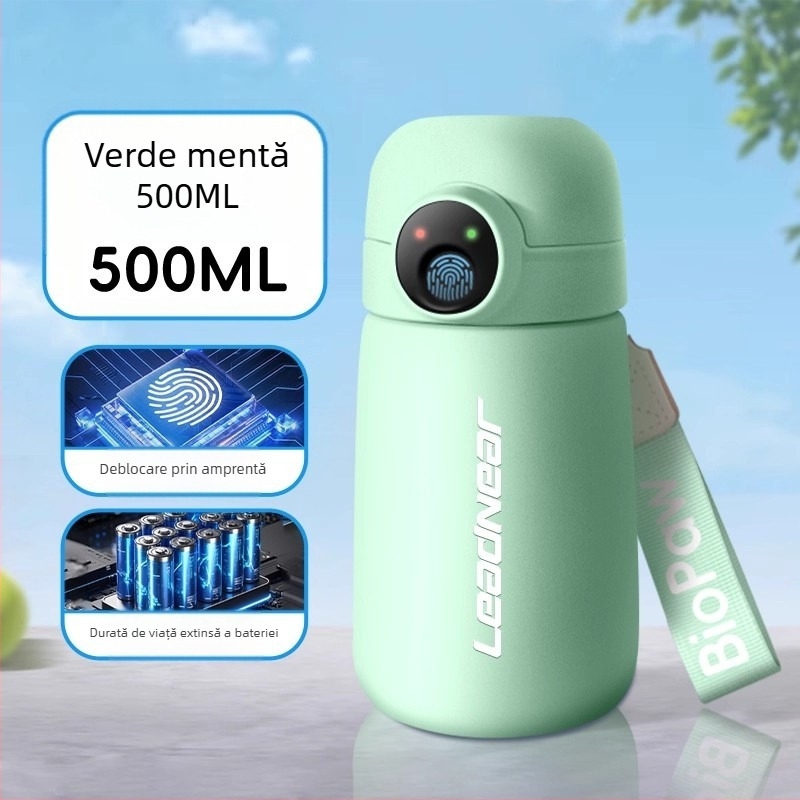 Cană de apă izolată, cu deblocare prin amprentă, inteligentă, cu pai, pentru elevi