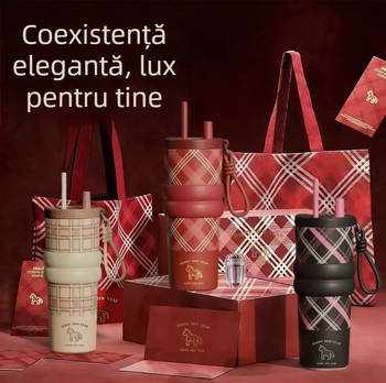 Editie limitată Anul Calului: Cană termos din oțel inoxidabil 316 cu izolație ceramică, cu pai, pentru mașină