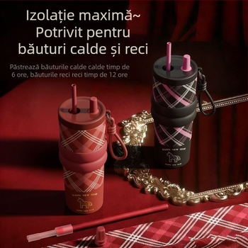 Editie limitată Anul Calului: Cană termos din oțel inoxidabil 316 cu izolație ceramică, cu pai, pentru mașină