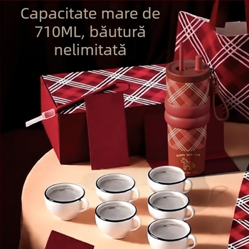 Editie limitată Anul Calului: Cană termos din oțel inoxidabil 316 cu izolație ceramică, cu pai, pentru mașină